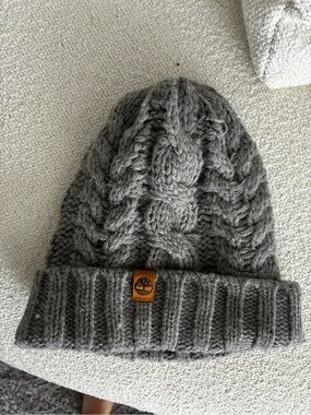 Timberland Gray Cable-Knit Beanie with Logo Patch